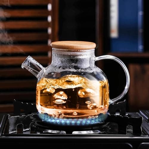 GipiBox® 1000ml, Borosilicate Clear Tea Kettle with Bamboo Lid, Glass Tea Pot with Removable Filter Spout, Teapot Blooming and Loose Leaf Tea Maker Tea Brewer for Camping(1ltr)