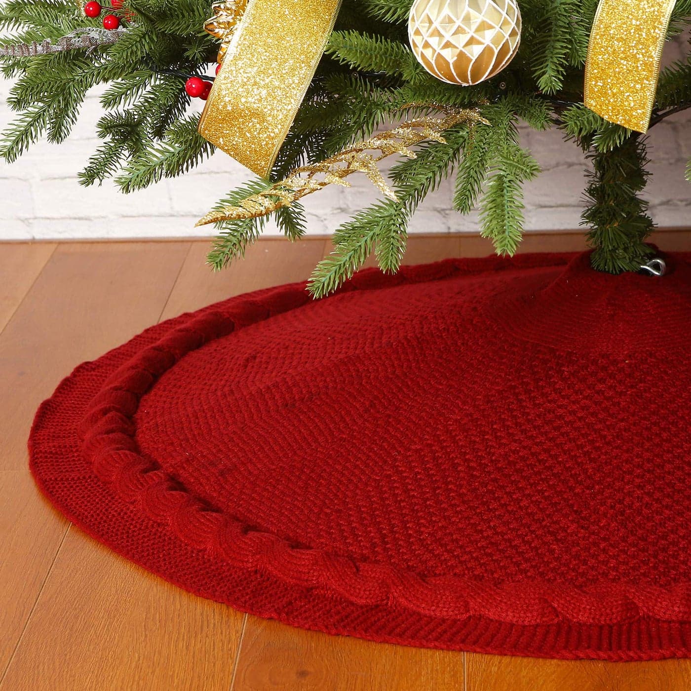 Sattiyrch Christmas Tree Skirt 36 inches Luxury Cable Knit Knitted Thick Rustic Xmas Holiday Decoration Burgundy 36in