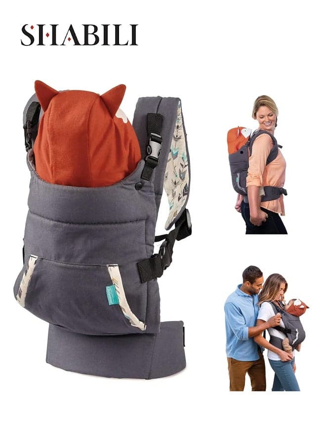 Cotton Baby Wraps Infants Wrap Baby Carrier Baby Sling with Fox Hood, Cotton Lining Padded Straps Storage Pocket Wind-Sun Cover, Adjustable for Baby Infant Child Toddler Daily Casual Travel(Gray)