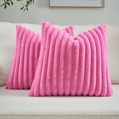 FUTEI Pack of 2 Solid Faux Fur Plush Throw Pillow Covers 16x16 Inch Soft Fluffy Striped Decorative Cushion Cases Modern Farmhouse Accent for Couch Bed Living Room, Hot Pink