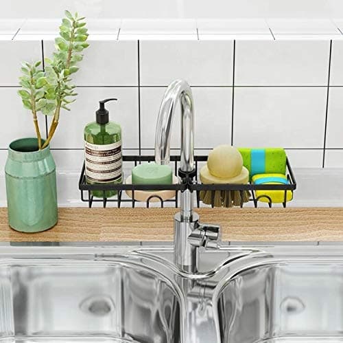 Dayish 2 Pcs Kitchen Adjustable Sink Faucet Shelf Stainless Steel Drain Rack for Soap Sponge Clip Hanging Holder Dishcloth Towel Rack