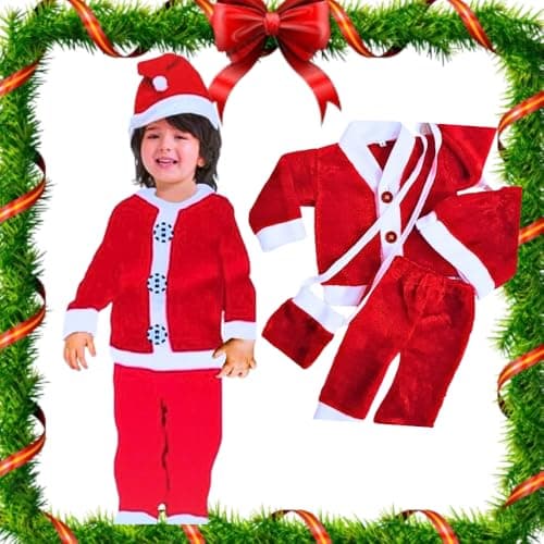 Wanna Party Santa Costume for Kids- Santa Claus Costume Set Including Shirt Pant Cap and Bag for Boys& Girls Age 3-4 Years