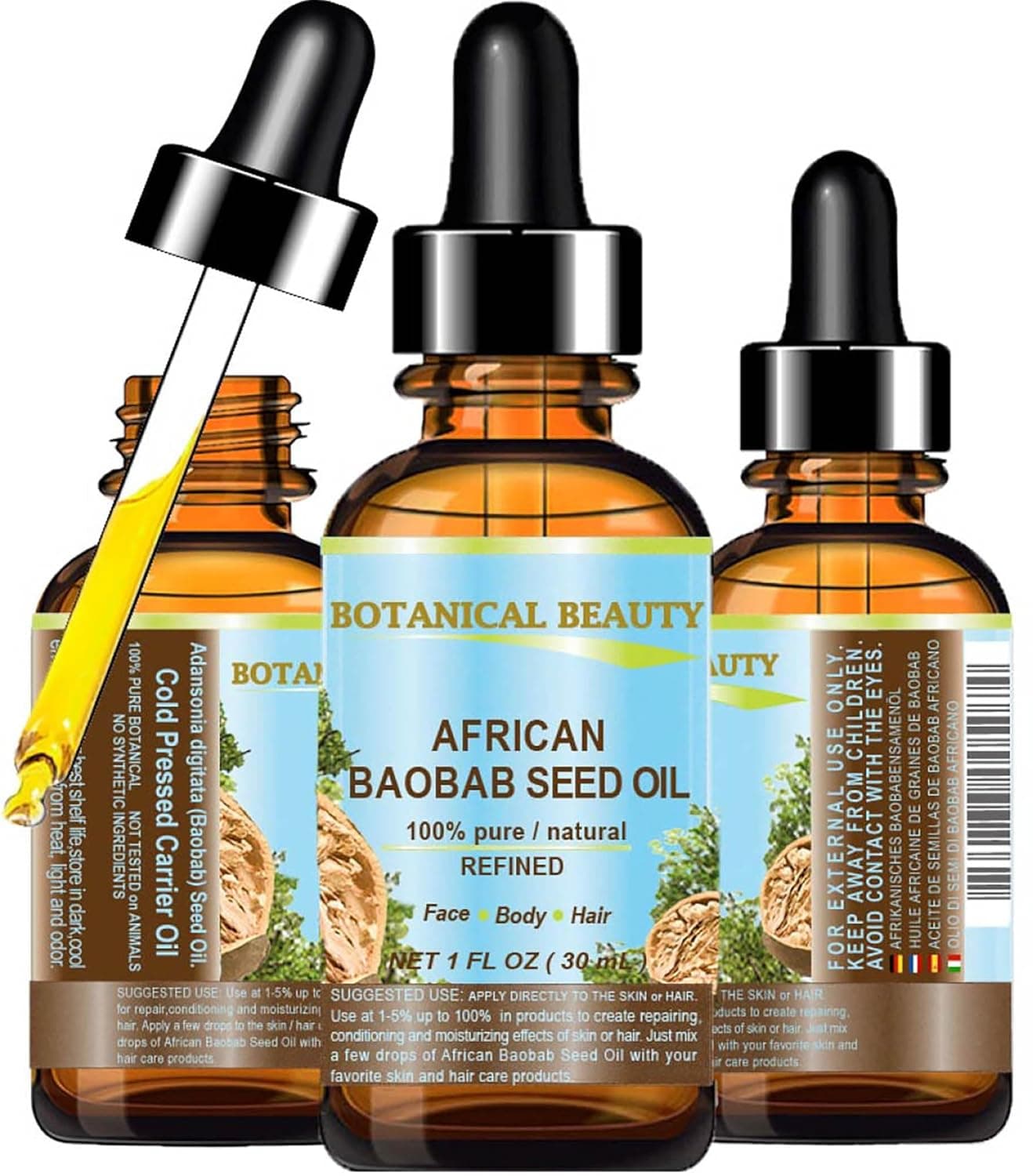 Botanical Beauty BAOBAB SEED OIL 100 Pure Natural Refined ColdPressed Carrier Oil 1 Fl oz 30 ml For Face Skin Body Hair Lip Nails Rich in Vitamin C
