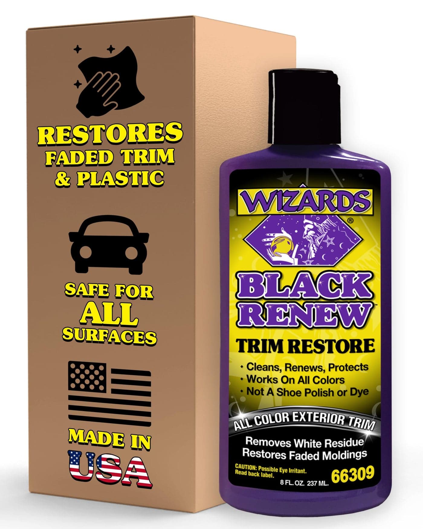 Wizards Black Renew Trim Restorer Treatment - Removes White Residue and Restores Faded Moldings -Car Interior Detailing Kit For All Smooth and Textured Trim, Plastic and Rubber Surfaces - 8 oz