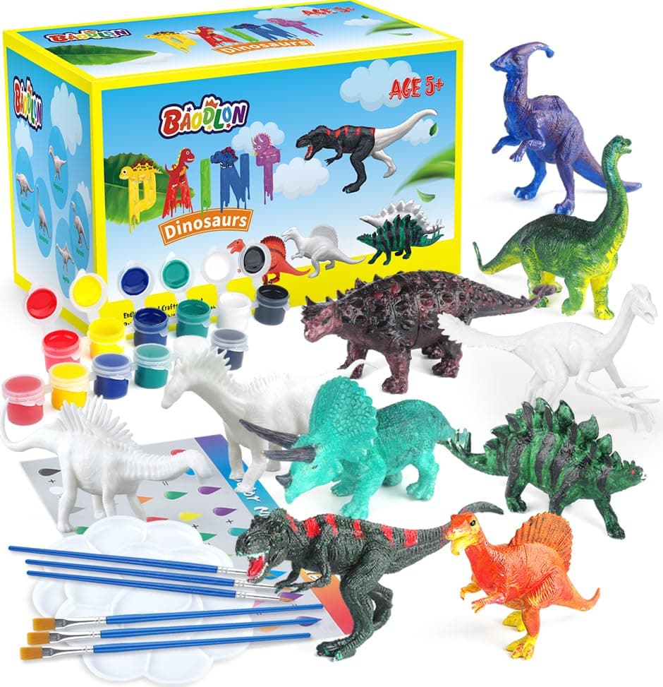 BAODLON Kids Arts Crafts Set Dinosaur Toy Painting Kit 10 Dinosaur Figurines Decorate Your Dinosaurs Create a Dino World Painting Toys Gifts for 5 6 7 8 Year Old Boys Kids Girls Toddlers