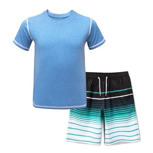 Boys’Rash Guard Set UPF 50+ Short Sleeve Swim Shirt Quick Dry Bathing Suit Trunks Swimwear(Blue+Striped Black Blue White,8)