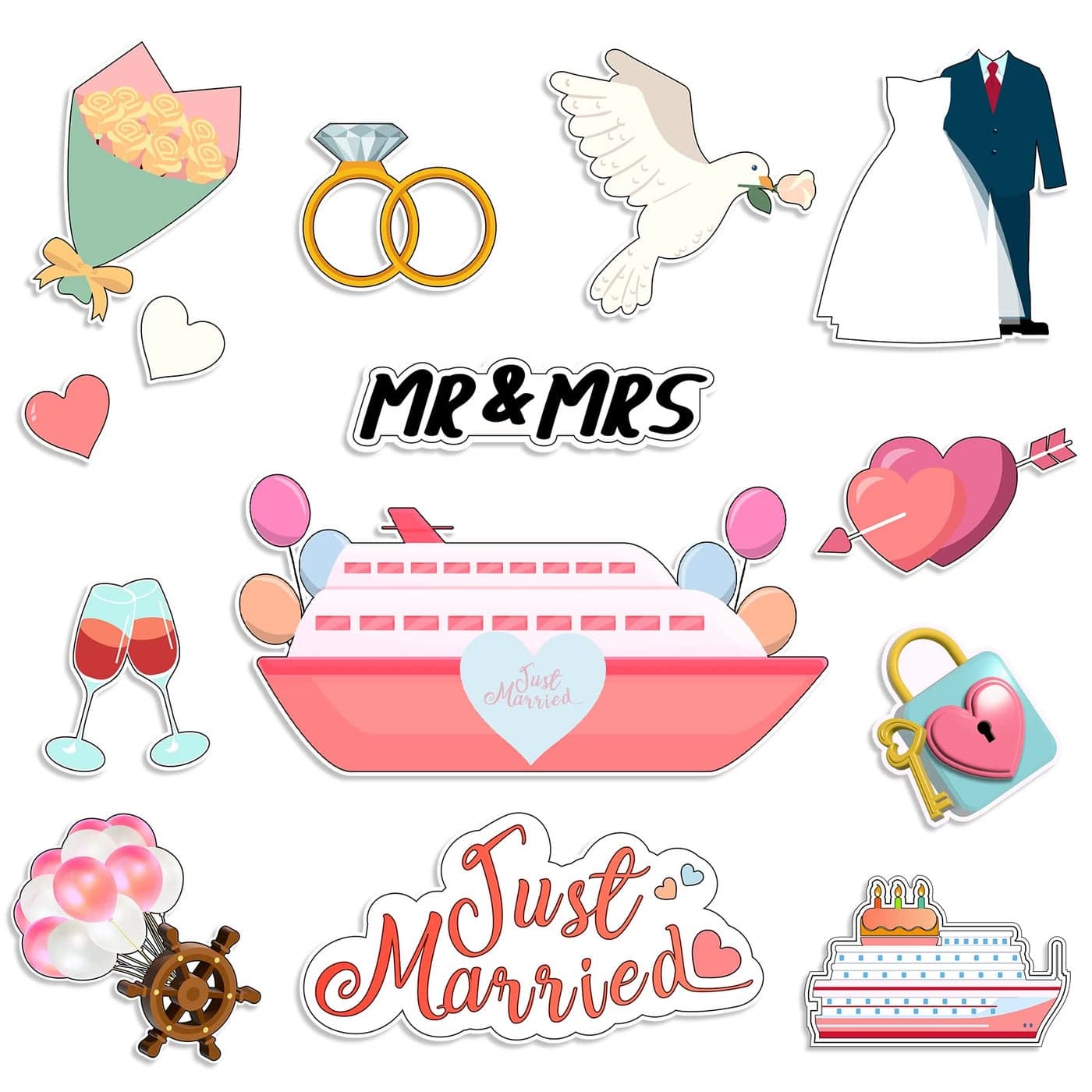 Hoteam 14 Pcs Just Married Cruise Door Magnets Wedding Refrigerator Decorations Cruise Cabin Door Sign for Stateroom Ship Car Honeymoon Anniversary Wedding Party Panel Tailgate Decor
