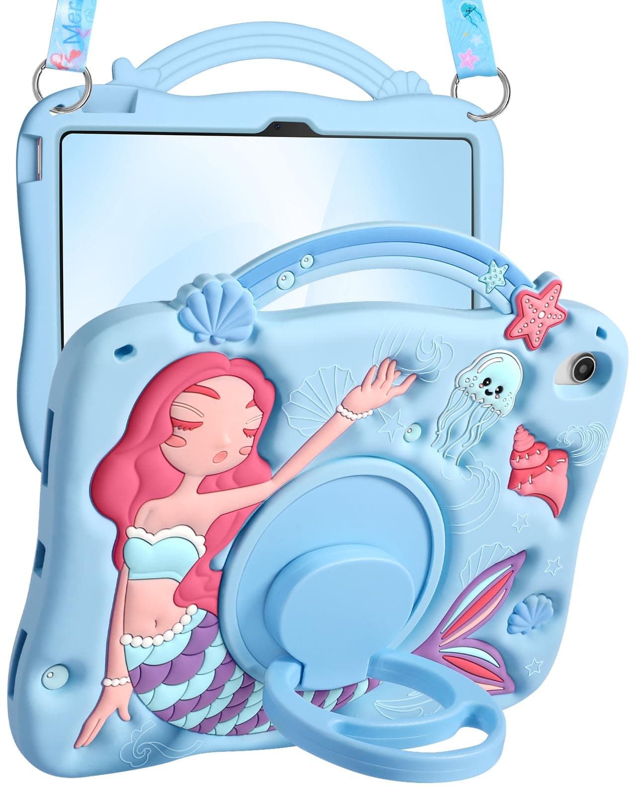 Boaretiu for iPad 10th Generation Case - Girls Teens Cute Cartoon Blue Mermaids 10.9 Inch 2022 Tablet Cover with Strap & Rotating Stand Soft 3D Silicone Funda for iPad 11th 11 Inch 2025