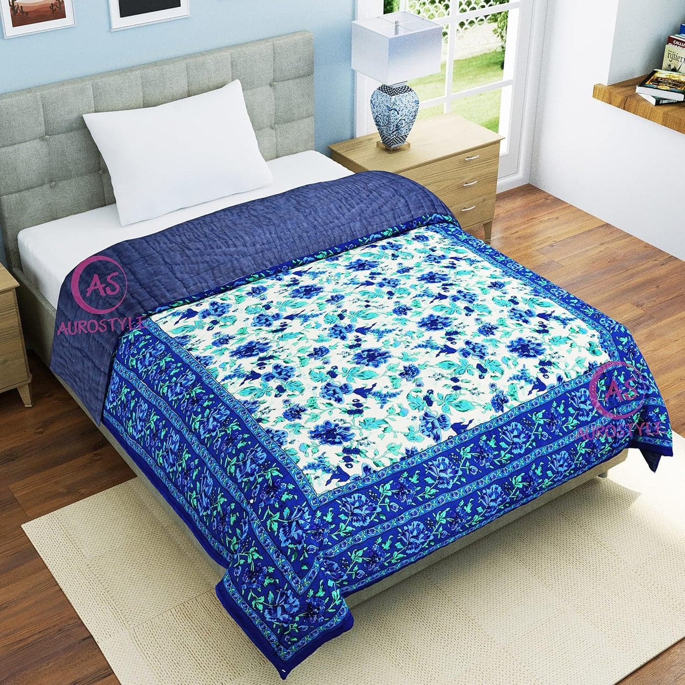 LushHavenDecor Rajasthani Single Bed Cotton Comforter 300 GSM Jaipuri Razai Floral Design Dohar Duvet Quilt 55x85 Inch Blue Flower and Blue Jaal Set of 1