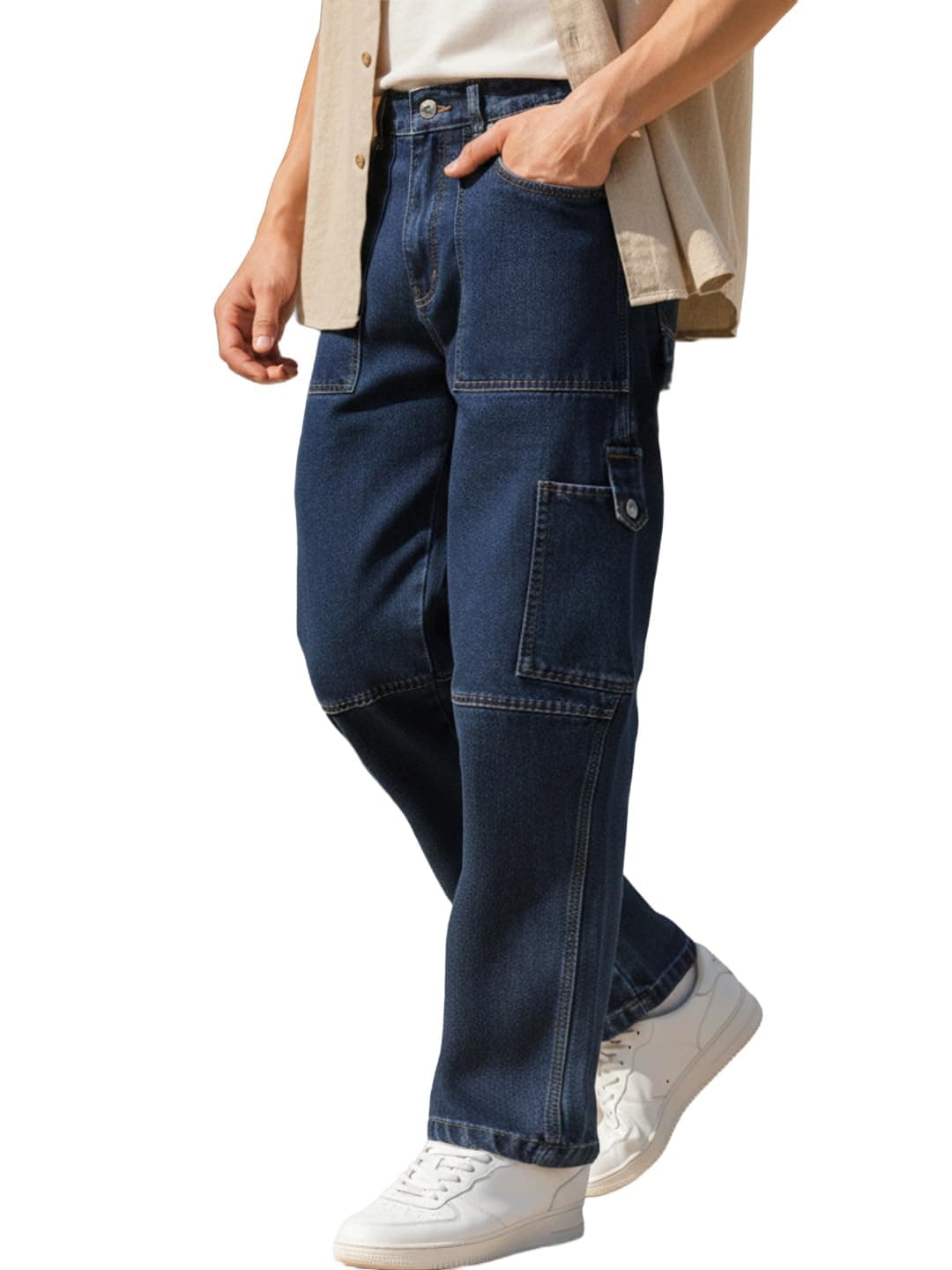 Urbano Fashion Men's Blue Loose Baggy Fit Washed Cargo Jeans with 6 Pockets Non-Stretchable (jeanlscargo-02-mblue-36)