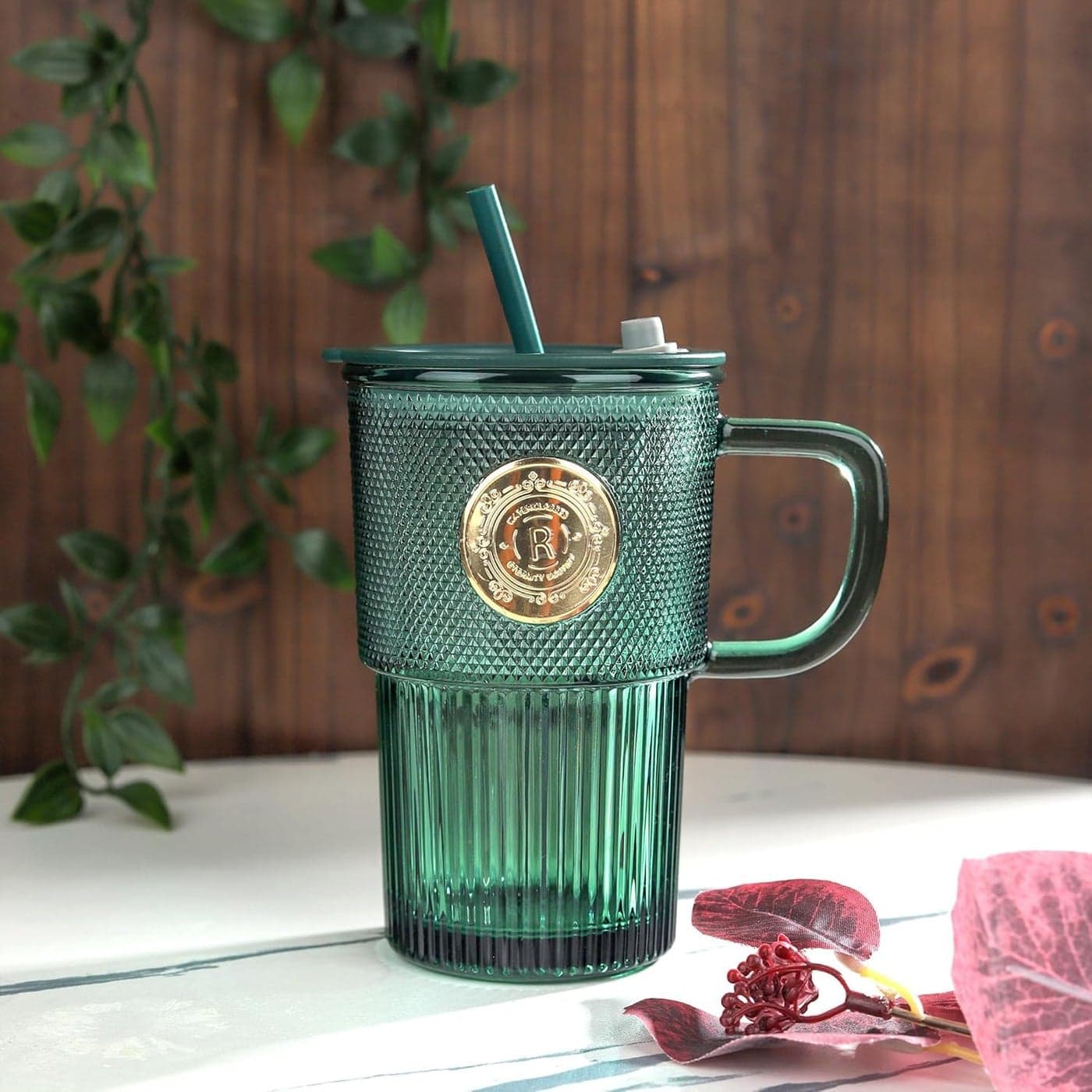 MKV MART Iridescent Glass Tumblers with Lid Handle and Straw Stylish Striped Drinking Jars with Gold Badge and Panda Patterns Perfect for Iced Coffee Smoothies and Juices Green