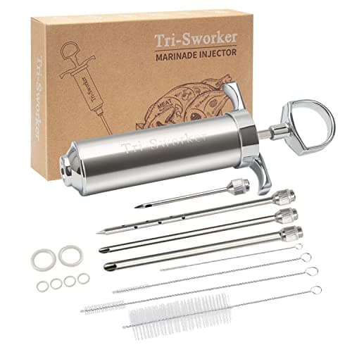 TriSworker Meat Injector Syringe for Smoking with 4 Marinade Flavor Food Injector Needles Ideal to Injector Marinades for Meats Turkey Brisket Beef 2OZ Capacity