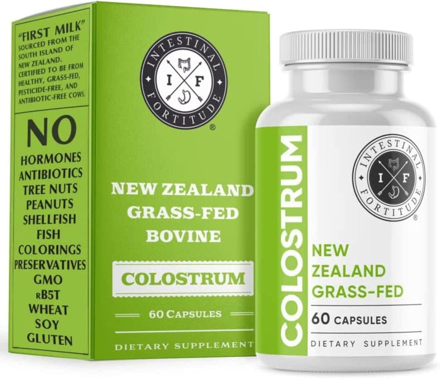 Intestinal Fortitude 100 Grass Fed New Zealand Cows Colostrum Capsules Grassfed Hormone Free GMO Free Optimal Gut Health and Immune System Support Leaky Gut IBD 500 mg Capsules 60 CT