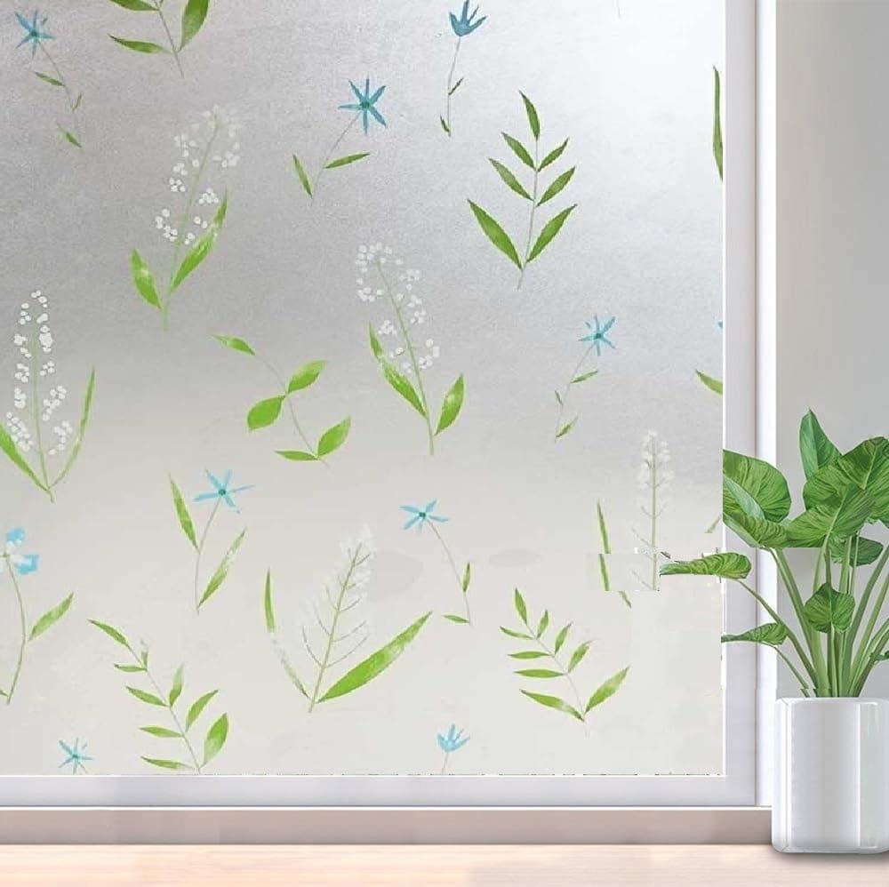 SUNBIRD Self-Adhesive Film Window Film Frosted Glass Sliding Door Bathroom Window Stickers Translucent Opaque UV Protection Static Clings Window Film, (1 Ft x 2 Ft, Leaf Grass)