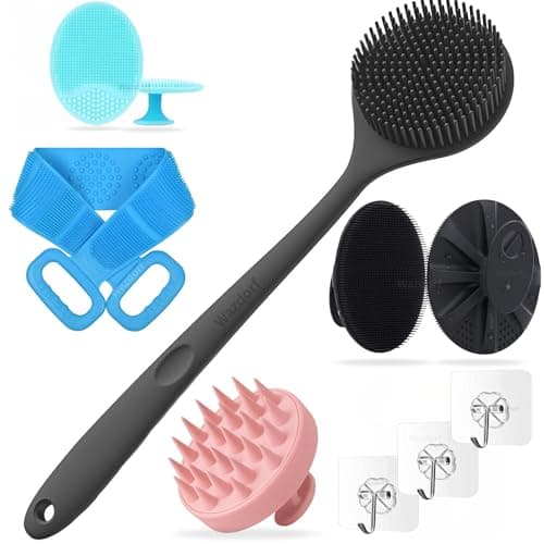 Wazdorf Soft Silicone Back Scrubber with Long Handle + Multi Body Scrubber Brush + Scalp Massager + Face Cleansing Brush | Super Exfoliating Shower Combo for Men & Women | BPA-Free | 3 Pcs Free Hook