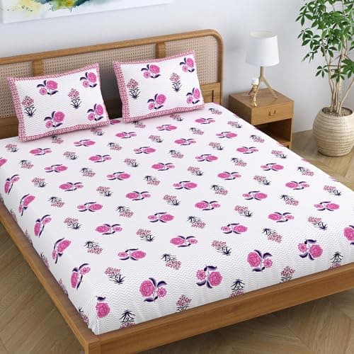 Colorish Ethnic Cotton Blend King Size Double Bedsheet with 2 Pillow Covers - Plush Pink