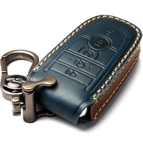 APEKUU Leather Car Key Fob Cover, Soft Protection Shell for Ford Bronco Mustang Fusion Raptor F250 F350 F450 F550 Edge Explorer Expedition 5 Buttons, A-Blue