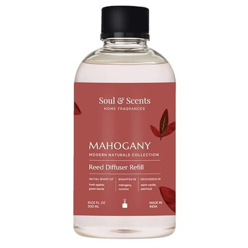 Soul & Scents Reed Diffuser Refill for Mahogany Fragrance | Free 12 Fiber Reed Sticks | Long Lasting | Smoke Less Room Freshener for Home, Bedroom, Living Room & Office | 300ml