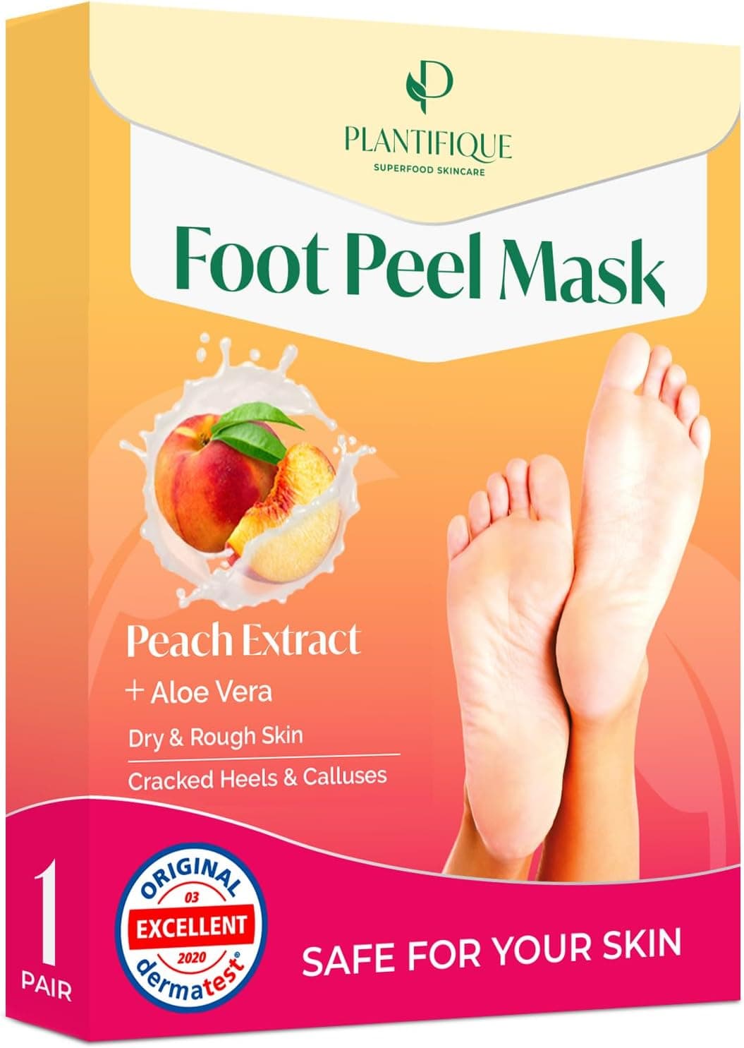 Plantifique Foot Peel Mask 1 Pair Exfoliating Dermatologically Tested Foot Treatment Removes Dead Skin Repairs Heels for Soft Feet Peach Scent Gift for Women Men