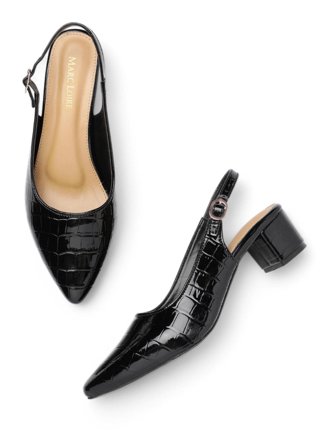 Marc Loire Women's Pointed Toe Block Heel Pumps with Adjustable Slingback for Office, Party and Formal Occasions (Black, UK Footwear Size System, Adult, Women, Numeric, Medium, 3)