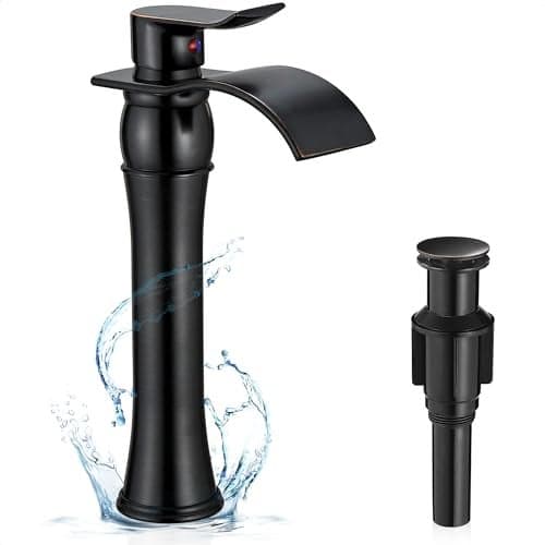 HOIGY Vessel Sink Faucet Oil Rubbed Bronze, Brass Tall Bathroom Faucet Waterfall 1 Hole, Bathroom Faucets Single Handle Bathroom Sink Faucet Bronze with Pop-Up Drain & Water Hoses for Farmhouse