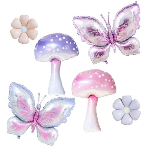 Pink Purple Mushroom Balloons Butterfly Balloons for Fairy Birthday Party Decorations Enchanted Forest Decorations Fairy First Birthday Decor Baby Shower Alice Wonderland Birthday Party Spring Decor