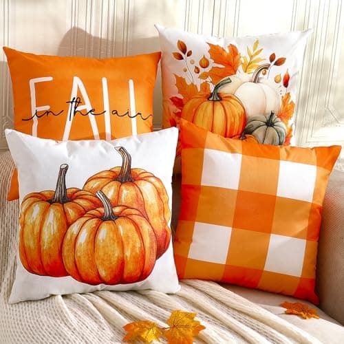 TOYPOPOR Fall Decorations for Home 4 Packs Double Sided Throw Pillow Covers Buffalo Plaid Thanksgiving Front Porch Farmhouse Cushion Cases Indoor Outdoor Autumn Decor for Couch Living Room 18x18