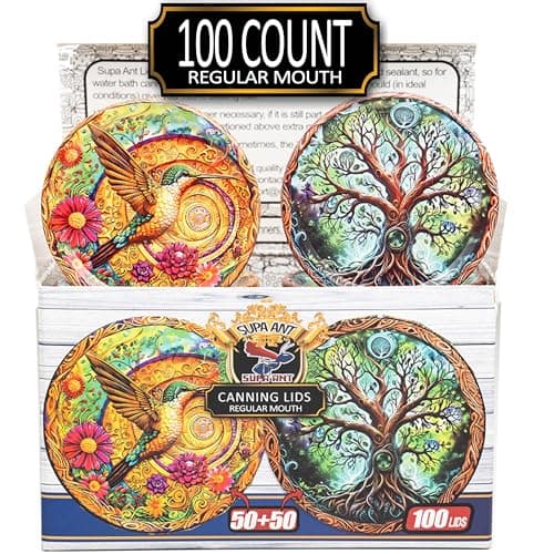Supa Ant Canning Lids Regular Mouth (100pcs) Decorative Tin Canning Lids Regular Mouth (Wood Frame) Buckle Proof and Rust Proof - Perfect Fit Can Lid for Mason Jars Canning Supplies - Mason Jar Lids