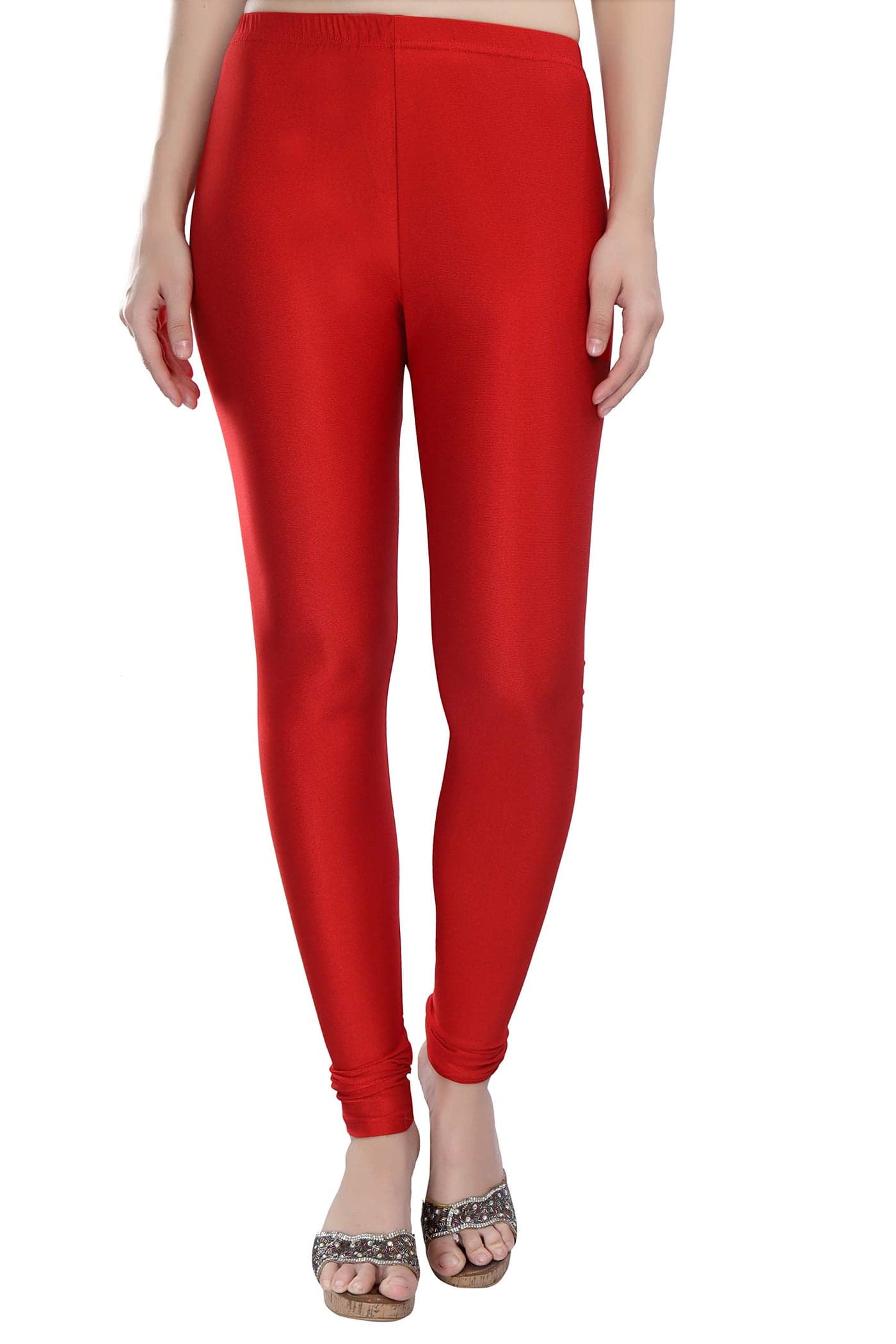TRASA Womens Mid Rise Slim Fit Nylon Shining Lycra Churidar Leggings - Red, Size :- 3XL