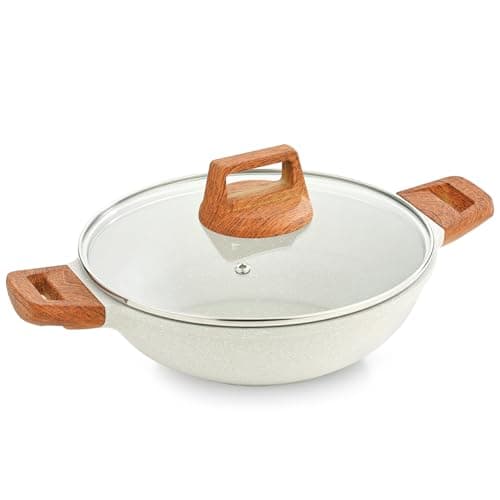BERGNER Naturally Cast Aluminum 24cm (2 L) Kadai with Glass Lid, Marble Non-Stick Coated Kadhai, Less Oil Use, Soft Touch Stylish Handles - Induction Bottom, Free Non-Woven Trivet
