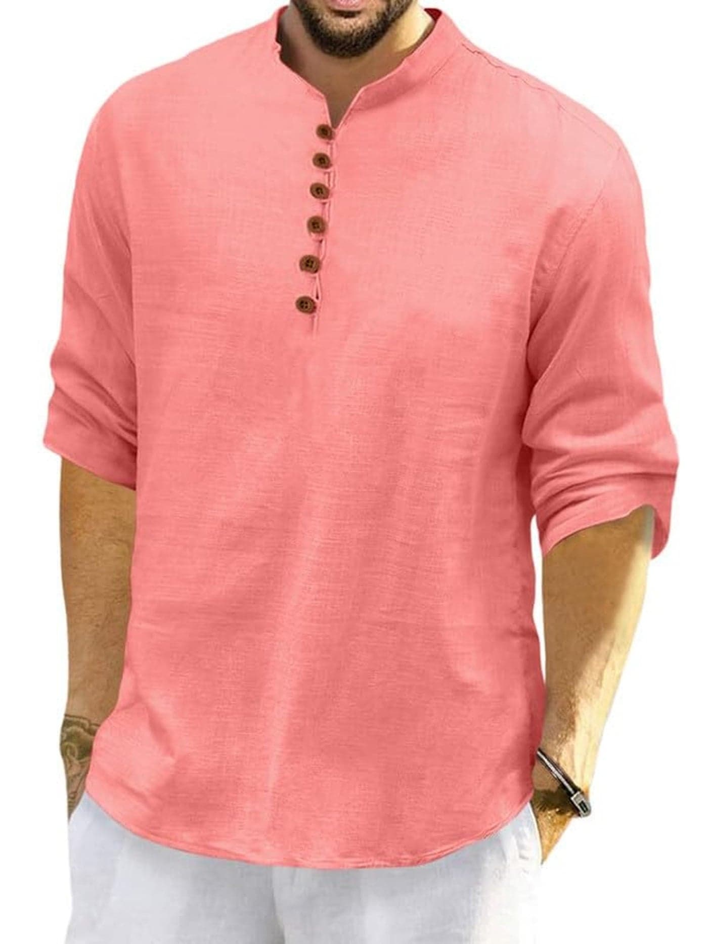 ROYALSCOUT Men's Cotton Polyester Blend Solid Regular Fit Full Sleeve Short Kurta Peach