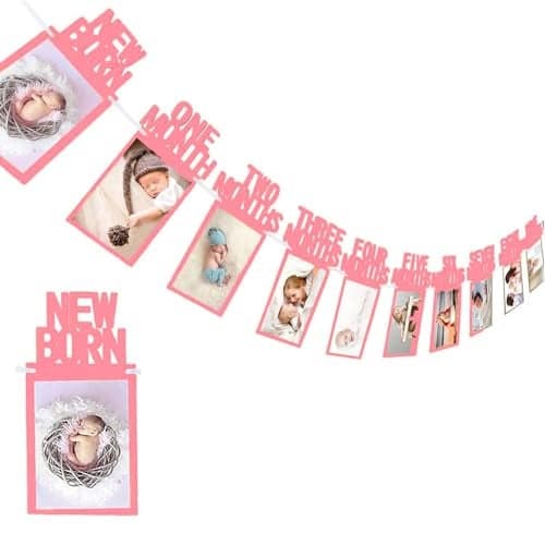 AMFIN® New Born 1st Birthday Baby Photo Banner Pink/Growth Record 1-12 Months/Monthly Milestone Photo Bunting Wreath, First Birthday Party Decoration - Pink