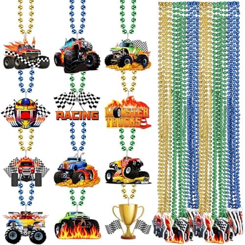 Halloscume 36 Pack Monster Truck Party Favor Necklaces Bulk Race Car Theme Felt Beaded Necklaces for Truck Monster Car Birthday Party Decorations Easter Basket Stuffers Goodie Bag Gifts 12 Styles