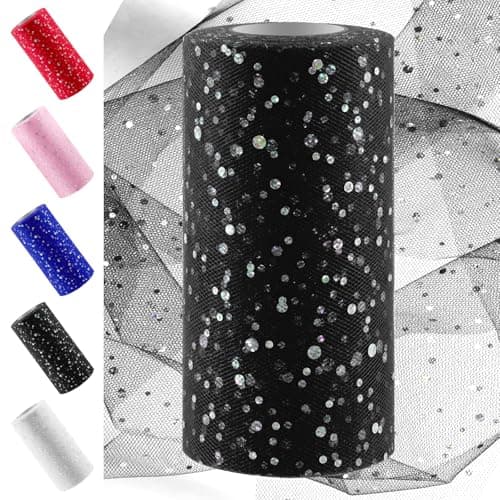 Swpeet 6 Inch by 50 Yards Black Glitter Tulle Fabric Roll Fabric Spool Sparkling Tulle Ribbon Netting Polyester Spool for DIY Birthday Party Wedding Decorations Christmas Craft Supplies