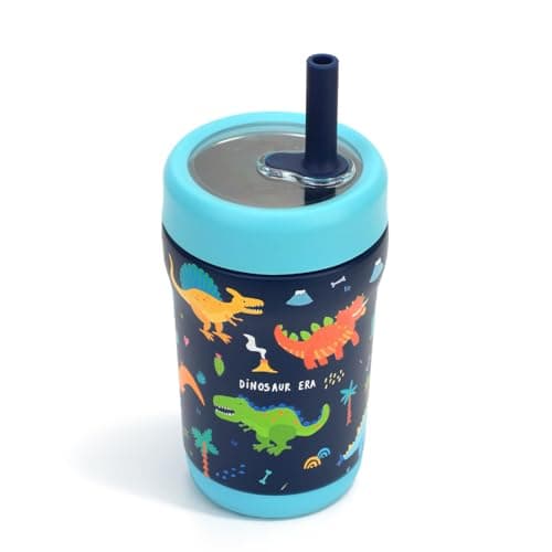 Zukro 12 oz Kids Insulated Stainless Steel Tumbler with Flexible Straw, Spill Proof Double-wall Toddlers Cup with Tritan Lid for Travel or At Home, BPA Free, Non-slip & Dishwasher Safe - Dinosaur