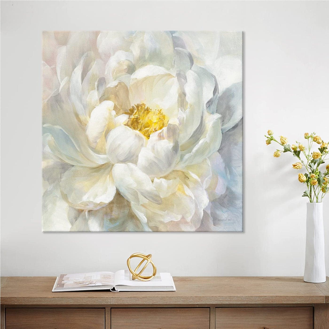 SEVEN WALL ARTS Peony Flower Canvas Wall Art Modern Yellowish Floral Picture Poster Print Abstract White Blossom Artwork for Bedroom Bathroom Kitchen Dining Room Home Decor 24x24