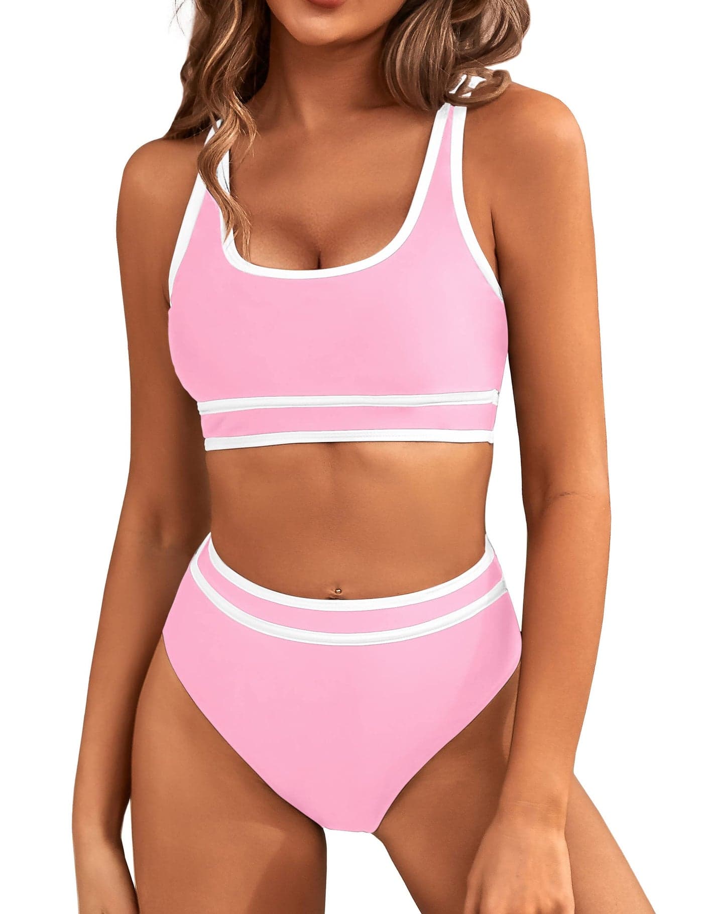 BMJL Women's High Waisted Bikini Sets Sporty Two Piece Swimsuits Color Block Cheeky High Cut Bathing Suits(M,Pink)