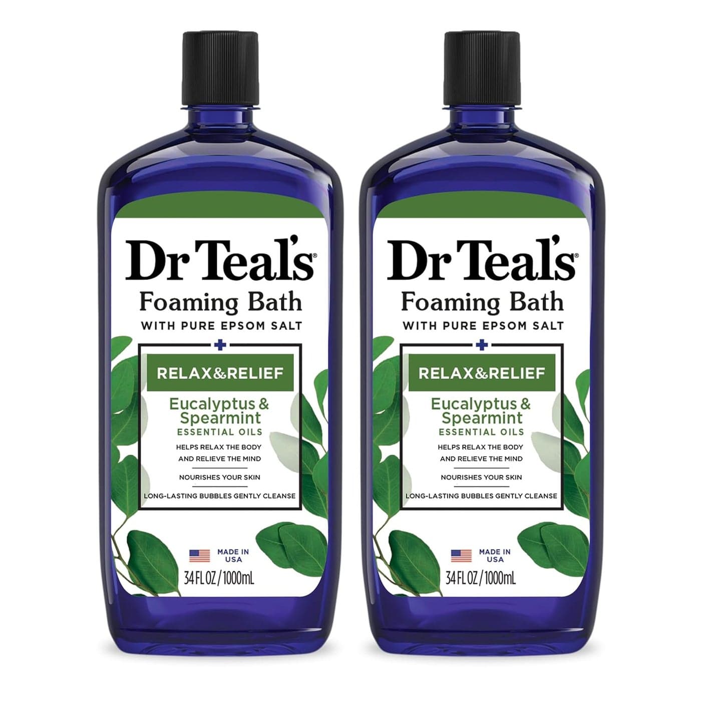 Dr Teals Foaming Bath with Pure Epsom Salt Relax Relief with Eucalyptus Spearmint 34 fl oz Pack of 2