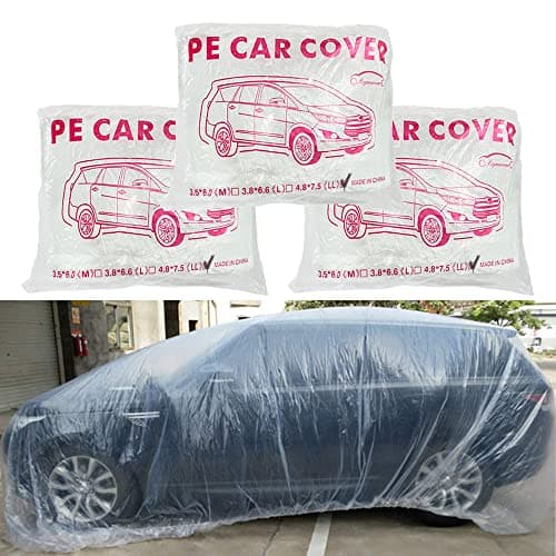 Disposable Car Cover 3 Pack Clear Plastic Car Cover Universal Rain Dust Garage Cover with Elastic Band Medium (15.7' x 24.8')