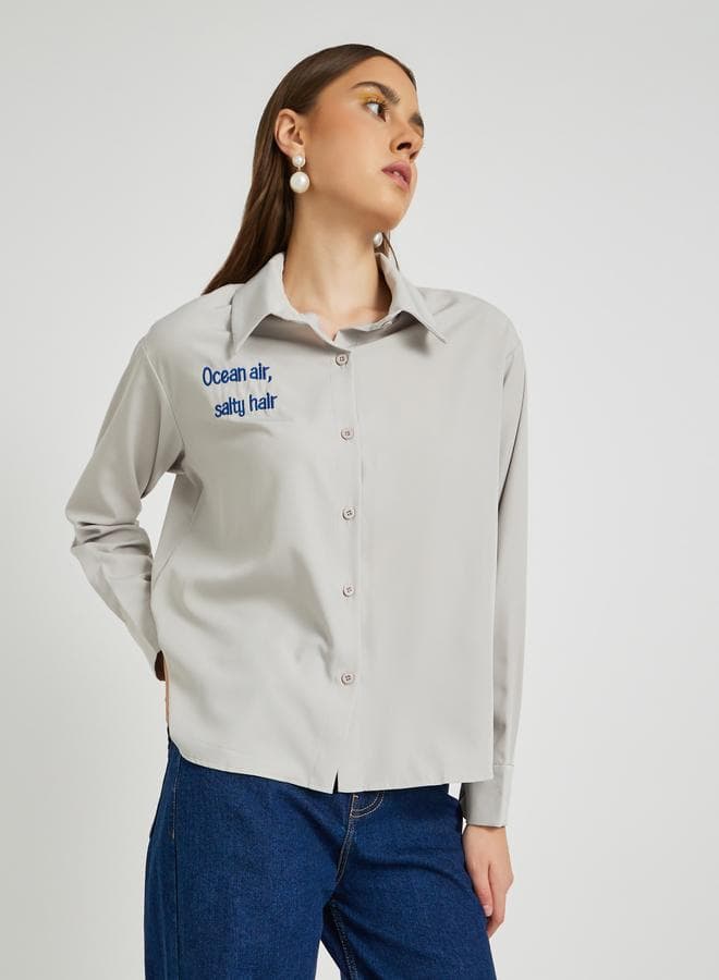 Take Two Solid Slogan Embroidery Oversized Shirt