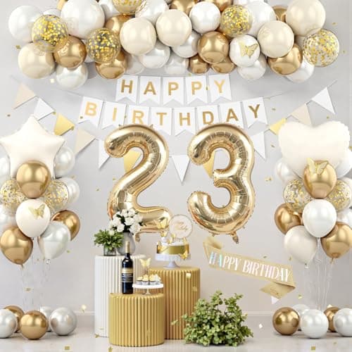 23rd Birthday Decorations White Gold Birthday Party Decorations for Women Men Boho Beige Cream Balloons Party Supplies with Banner Shiny Sash Butterfly Cake Topper 23 Number Foil Balloons