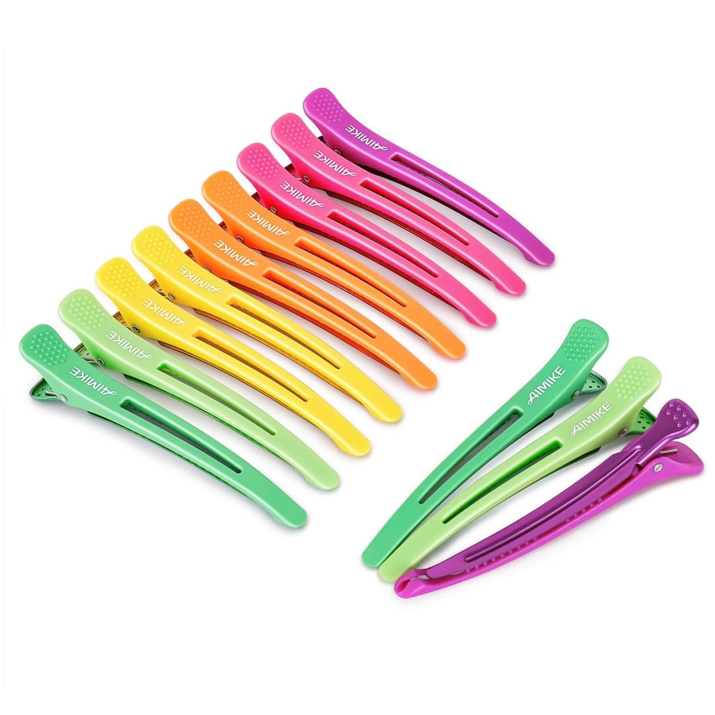 AIMIKE Neon Hair Clips 12 Pcs Professional Sectioning and Cutting Clips for Hairdressers 43 Long Duck Billed Rollers for Styling