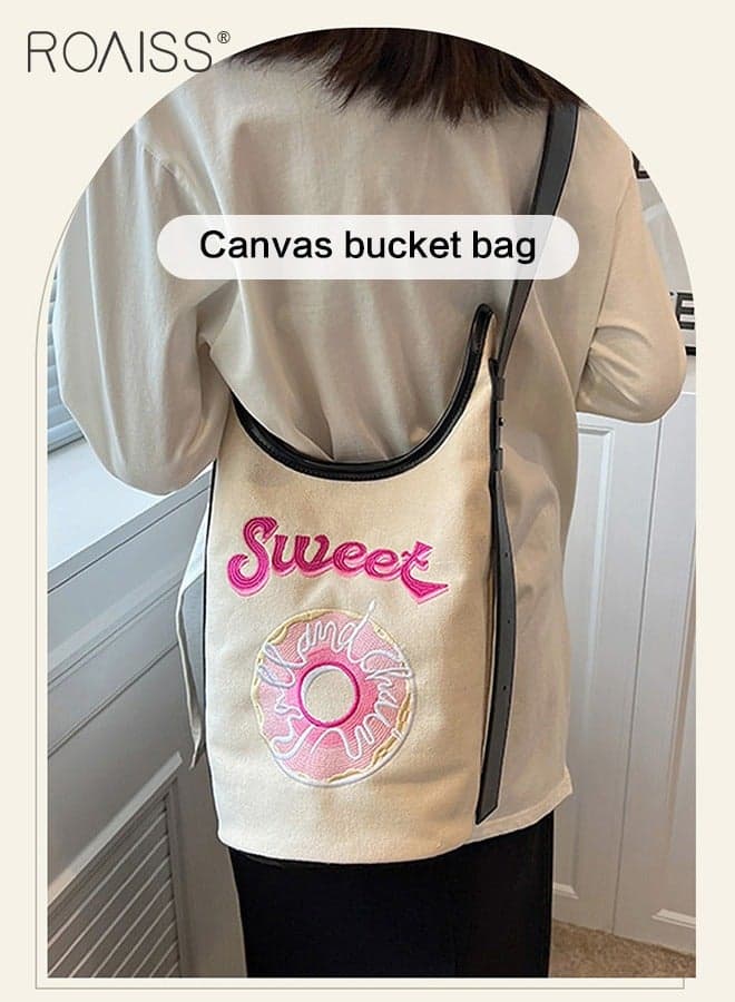 Sweet Embroidered Bucket Bag Women'S Daily Commuting Pu Leather Canvas Splicing Shoulder Bag Cute Donut Embroidered Handbag