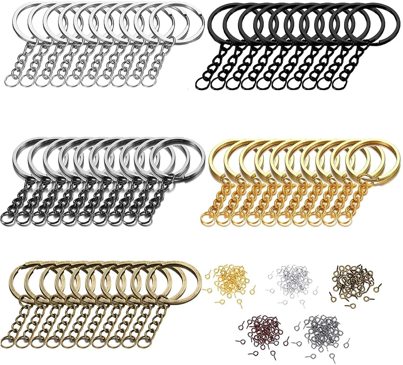 DIY Crafts 20 Pcs, Antique Gold, Split Key Ring with Chain Set, Metal Flat Keychain Rings 1 Inch with Open Jump Rings and Screw Eye Pins Bulk, Colors, for Resin Je (20 Pcs, Antique Gold)