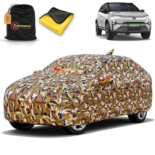 AUTOMOZEXO Tata Nexon Ev 100% Waterproof Car Cover for All Weather Protection with Mirror & Antena Pocket Inner Cotton Triple Stitched Cover with Adjustable Belt Bottom Elastic to Secure Fit -Jungle