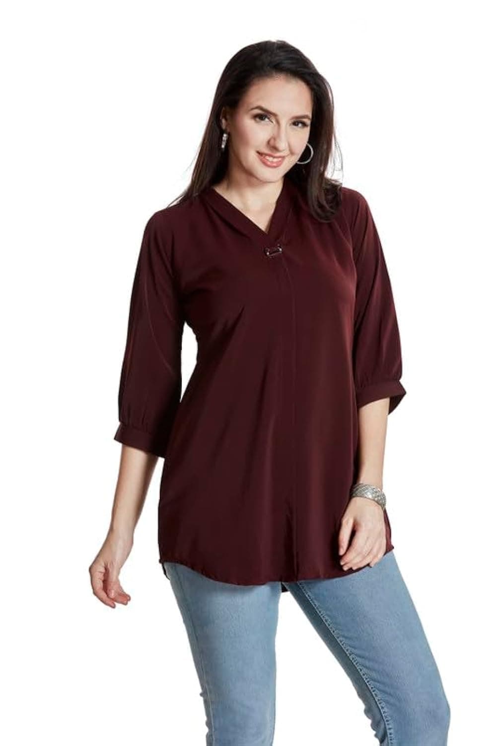 nioni Women’s Solid Tunic with Fashionable V-Fold Neck | Micro Pleated Rayon Kurti | Lycra Material | 3/4th Sleeve Short Kurta for Woman & Girl (Wine, L)