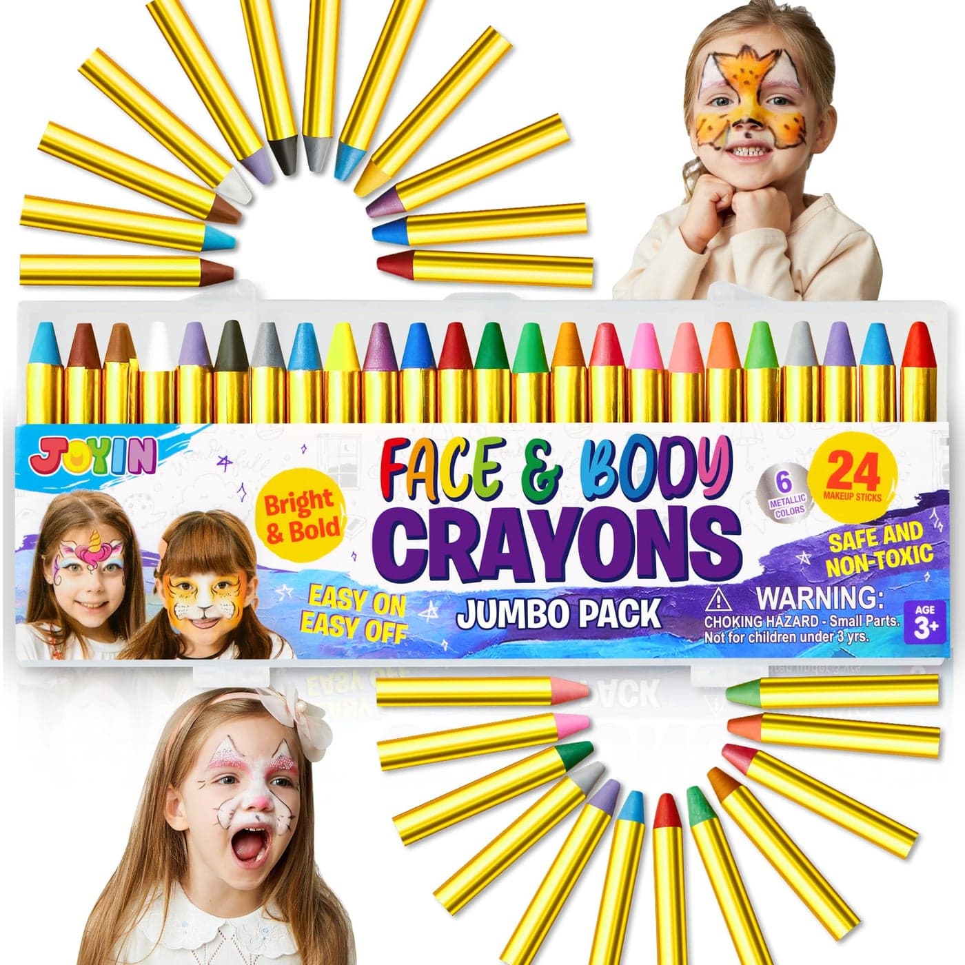 JOYIN 24 Colors Face Paint Safe NonToxic Face and Body Crayons Large Size 3 inch Ultimate Party Pack Including 6 Metallic Colors for Birthday Toy Makeup Party Suppiles Gifts for Kids Girls Boys