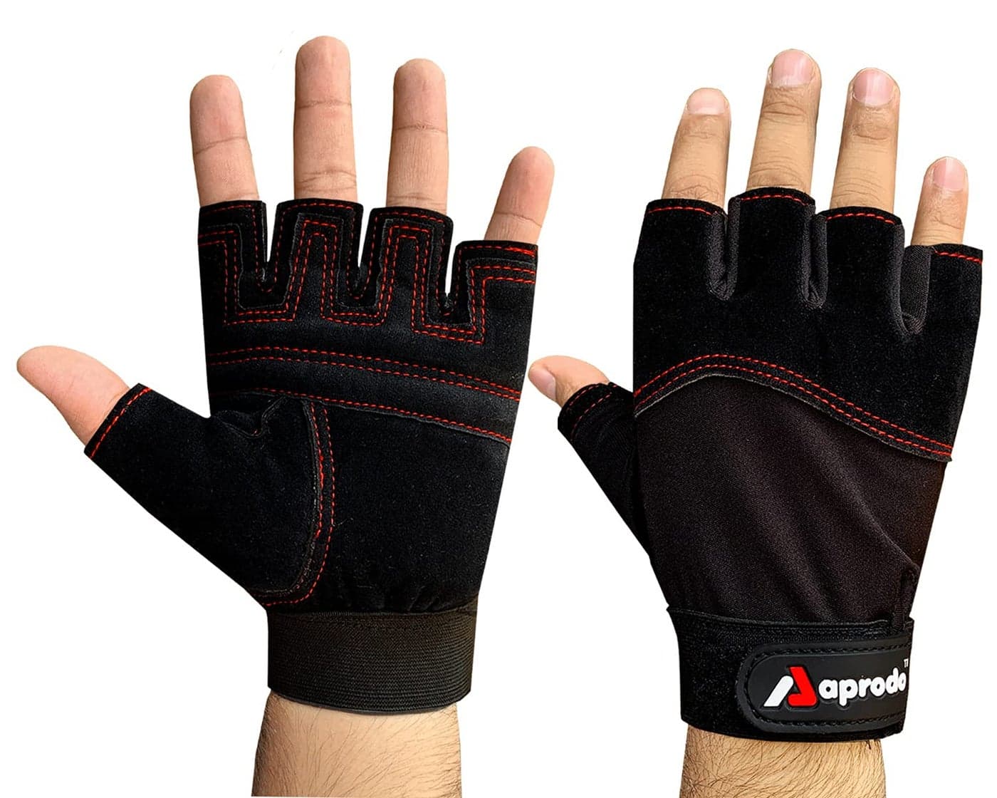 Aprodo Beginner Weight Lifting Gym Gloves, Free Size (BLK RED Thread)