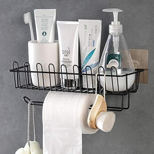SEMITO Stainless Steel Wall Mounted Hanging Self Adhesive Storage with Towel and Tissue Rack Holder Organizer for Your Home, Kitchen, Bathroom and Wardrobe, Shower Caddy for Bathroom and Kitchen