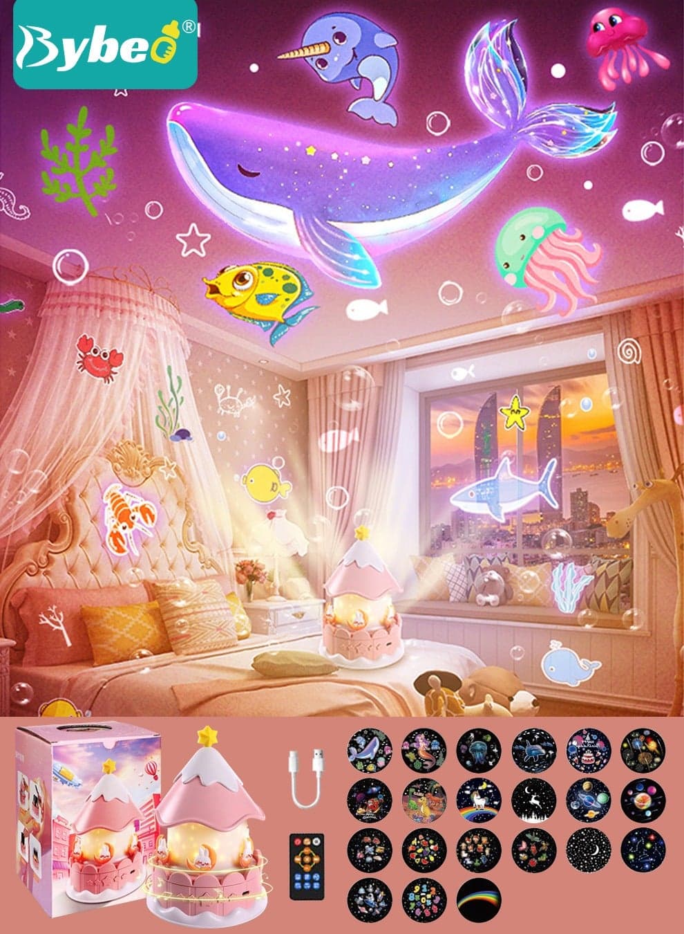 Night Light Projector for Kids, Star Projector & Bluetooth Music, Carousel Night Light, Rechargeable Lamp, Children Birthday Gift for Bedroom Decor, 360° Rotation and Timer, 21 Scenes+3 Lights + Music